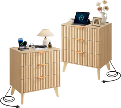 VEVOR Fluted Nightstands with Charging Station, Set of 2, Dresser for Bedroom with 3 Drawers, Mid Century Modern End Table, Bedside Cabinet Side Table Chest of Dresser, for Bedroom, Living Room, Khaki