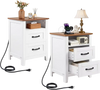 VEVOR Farmhouse Nightstands, with Charging Station, Set of 2, End Tables with 2 Drawers and Open Shelf, Bedside Storage Cabinets, Rustic Side Tables with USB Port, for Bedroom, Living Room, White