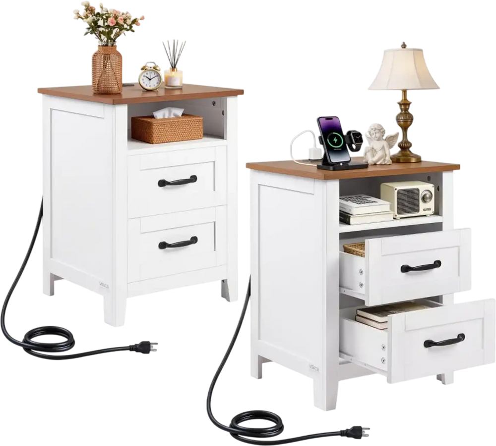 VEVOR Farmhouse Nightstands, with Charging Station, Set of 2, End Tables with 2 Drawers and Open Shelf, Bedside Storage Cabinets, Rustic Side Tables with USB Port, for Bedroom, Living Room, White