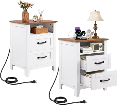 Vevor Nightstands Farmhouse Charging End Tables Set of 2 White New