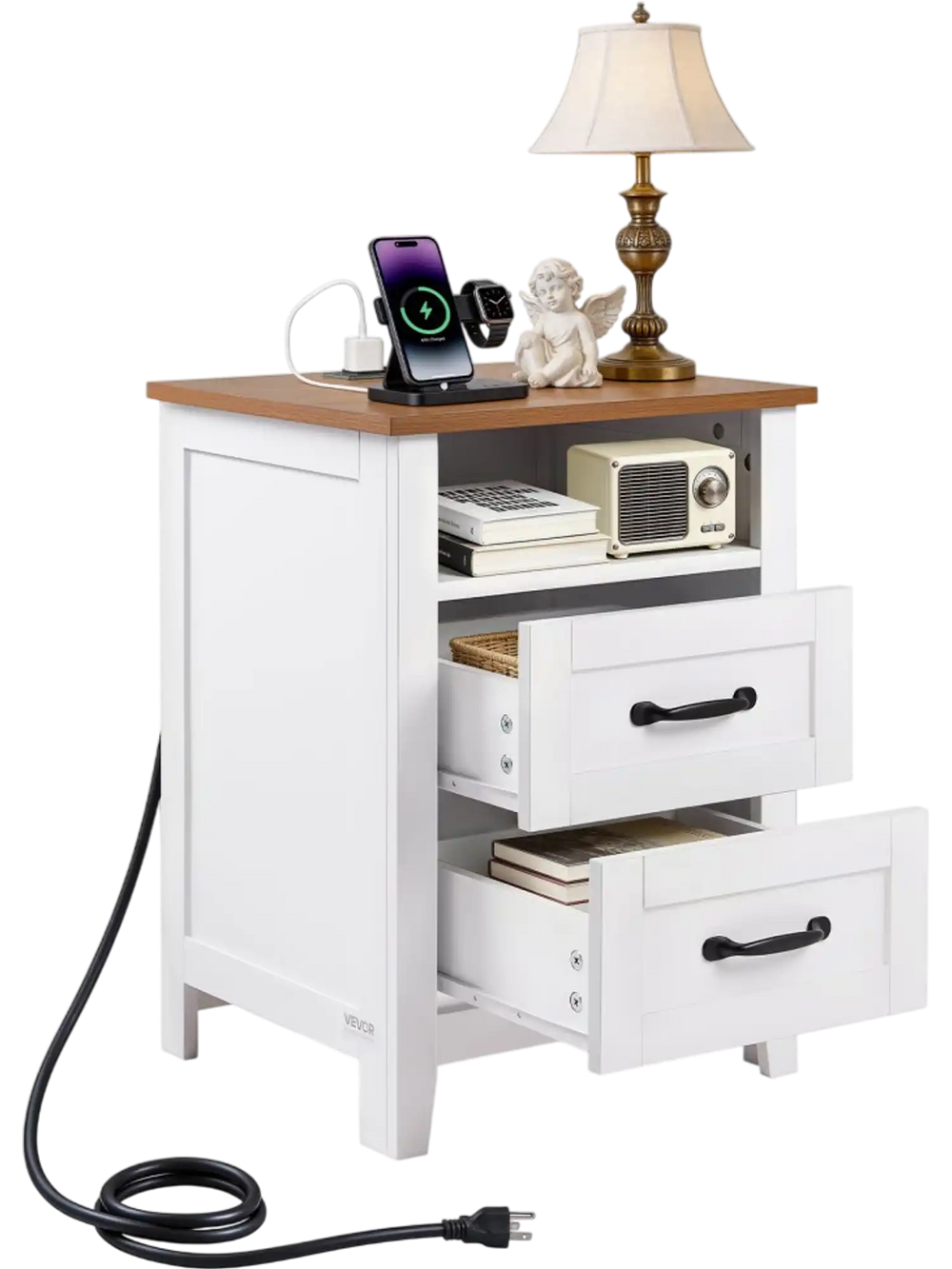VEVOR Farmhouse Nightstand, with Charging Station, End Table with 2 Drawers and Open Shelf, Bedside Storage Cabinet, Rustic Side Table with USB Port and AC Outlets, for Bedroom, Living Room, White