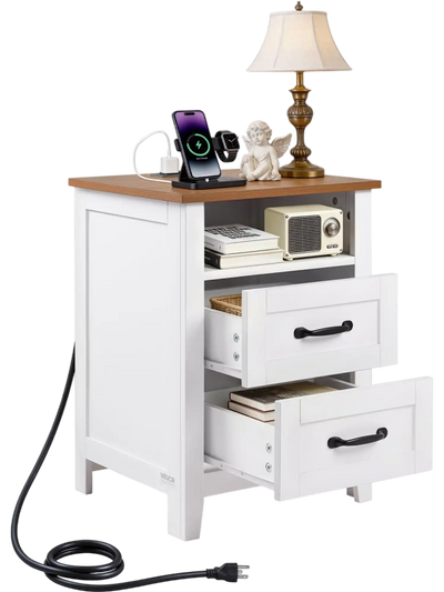Vevor Nightstand Farmhouse End Table with Charging Station 2 Drawers Open Shelf White New