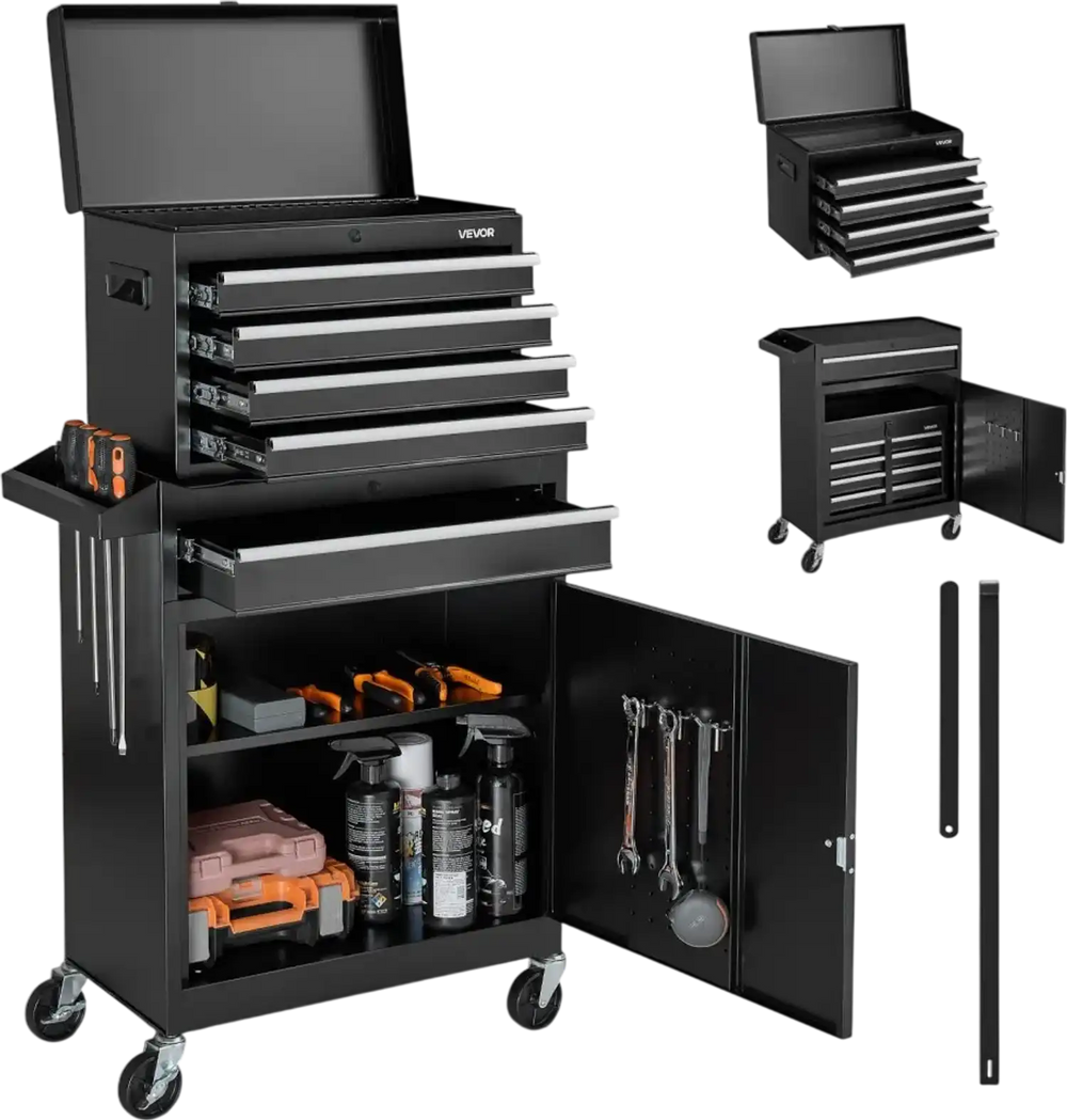 VEVOR Rolling Tool Chest, 2-in-1 Design, 5 Drawers Tool Cabinet Organizer with Detachable Top Metal Toolbox, Lock Bar, Protective Liner, and Tools Rack, Garage Storage Cabinet for Warehouse, Workshop