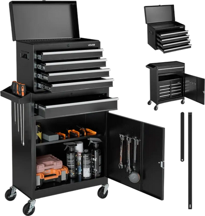 VEVOR Rolling Tool Chest, 2-in-1 Design, 5 Drawers Tool Cabinet Organizer with Detachable Top Metal Toolbox, Lock Bar, Protective Liner, and Tools Rack, Garage Storage Cabinet for Warehouse, Workshop
