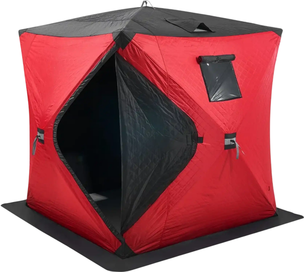 VEVOR Portable Ice Shelter, 3-4 Person Insulated Pop-Up Ice Fishing Tent, 35 Square Feet Fishable Area, Thermal Ice Shanty for Winter Fishing, Ice Cube with Anchors, Ropes, Carrying Bag, 71"x71", Red