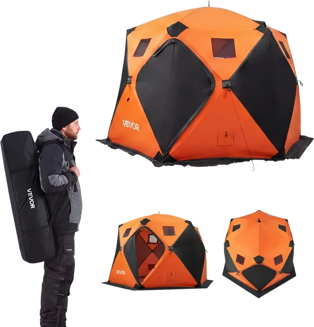 VEVOR Pop Up Ice Fishing Tent 6-8 Person 137 x 69 x 91 in Insulated Shelter, for Winter Fishing, 84 sq ft Area, 600D 4-Layer Fabric, Portable Hub-Style Shanty Cube with Anchors, Ropes, Carrying Bag