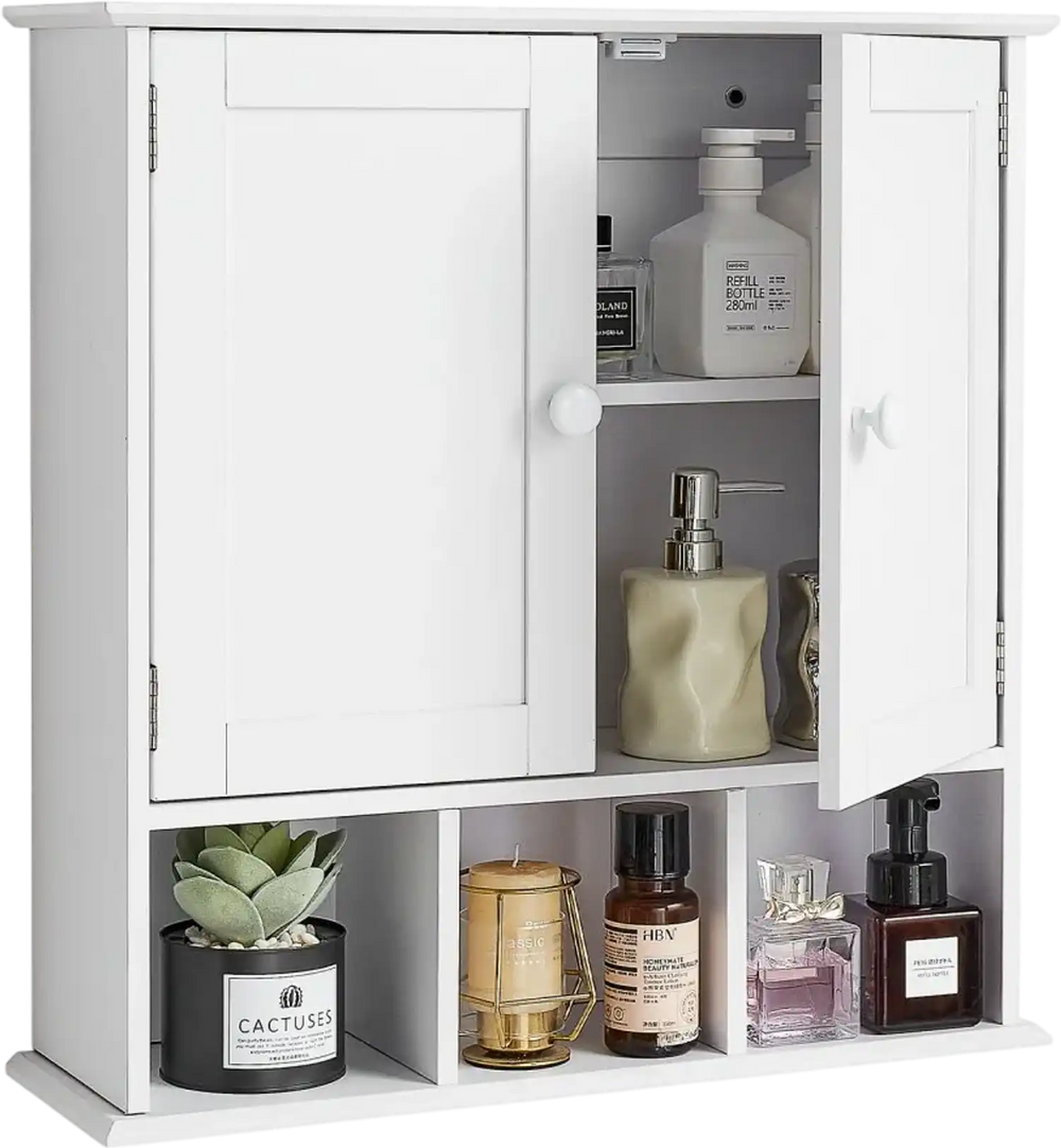 VEVOR Bathroom Wall Cabinet, 2 Doors & Adjustable Shelf, Over the Toilet Storage Medicine Cabinet Wall Mounted, Hanging Organizer with Shelves & Open Partition for Laundry Room Kitchen Restroom, White