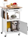 VEVOR Kitchen Island Cart with Single Door Cabinet, Mobile Carts with Drawer, Towel Rack, Hooks, Portable Table on Swivel Wheels, Small Coffee Islands Microwave Stand for Dining Room, 18x23 in, White