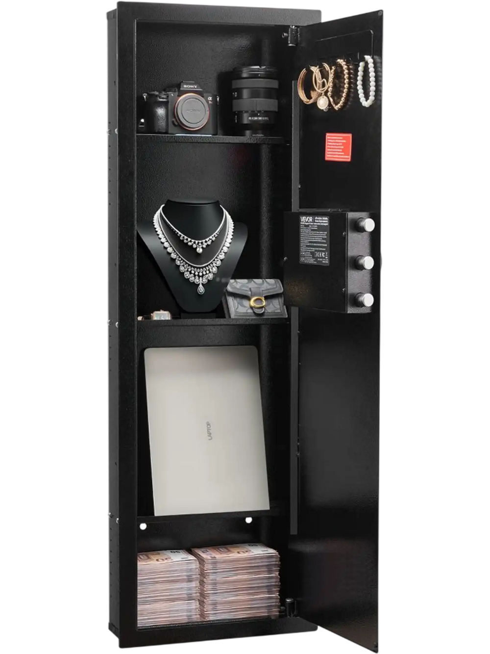 VEVOR Wall Safe, 4-Tier Hidden Wall Mounted Gun Safe with Password & Key, Q235 Cold-Rolled Steel In-Wall Box with LED Lighting, 3 Adjustable Shelves & Key Holders for Money, Jewelry, Passport, Black