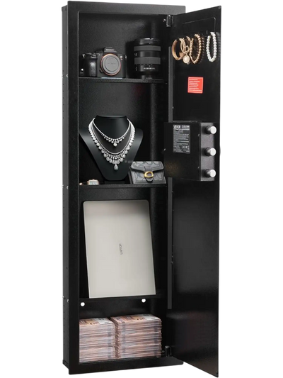 VEVOR Wall Safe, 4-Tier Hidden Wall Mounted Gun Safe with Password & Key, Q235 Cold-Rolled Steel In-Wall Box with LED Lighting, 3 Adjustable Shelves & Key Holders for Money, Jewelry, Passport, Black