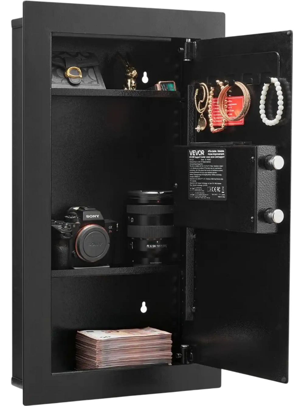 VEVOR Wall Safe, 3-Tier Hidden Wall Mounted Safe with Password & Key, Q235 Cold-Rolled Steel In-Wall Box with LED Lighting, 2 Adjustable Shelves & 5 Key Holders for Money, Jewelry, Passport, Black