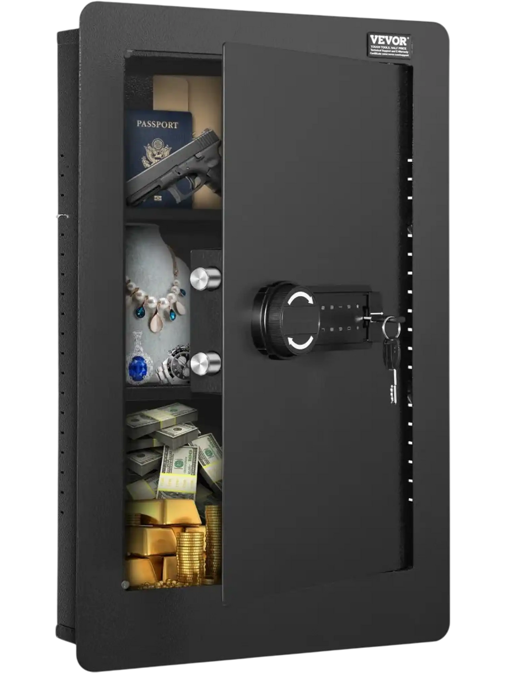 VEVOR 25.59" Tall Wall Safe, 3-Tier Hidden Wall Safe with Keypad, 3 Removable Shelves & 6 Key Holders, Q235 Cold-Rolled Steel In Wall Safe with LED Light & Vibration Alarm for Money, Jewelry, Passport