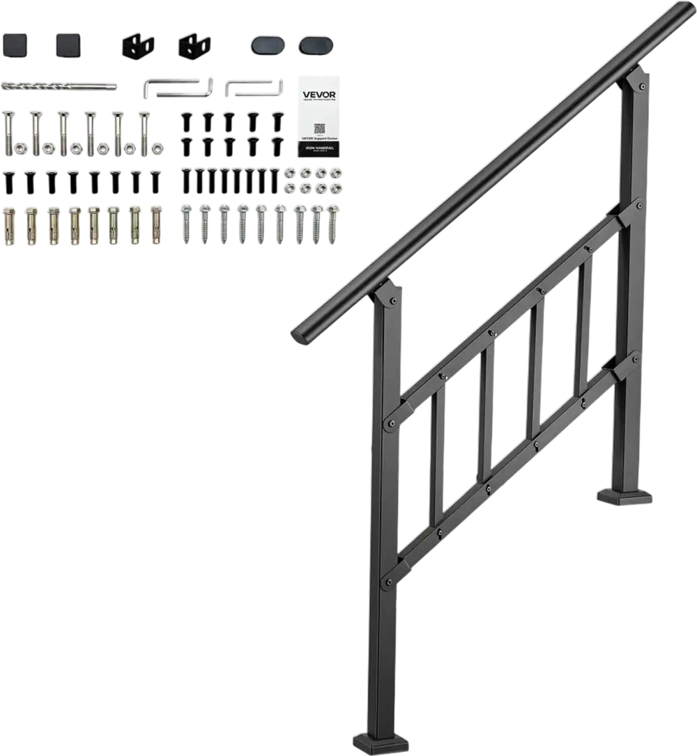 VEVOR Handrails for Outdoor Steps, 2-3 Step Stair Hand Rail Kit, Black, Flat Tube Stair Rails with Crossbar, for Seniors, Concrete Steps, Porch & Deck, Galvanized Steel Railings w/ Installation Kit