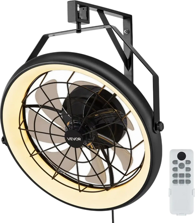 VEVOR Wall Mounted Fan with Lights, 22 inch Wall Mount Fan with Remote, 6 Speeds Plug in Wall Fan, Reversible, Dimmable 3-color Lighting, Timer, 360°Adjustable Tilt for Workshop, Patio, Home