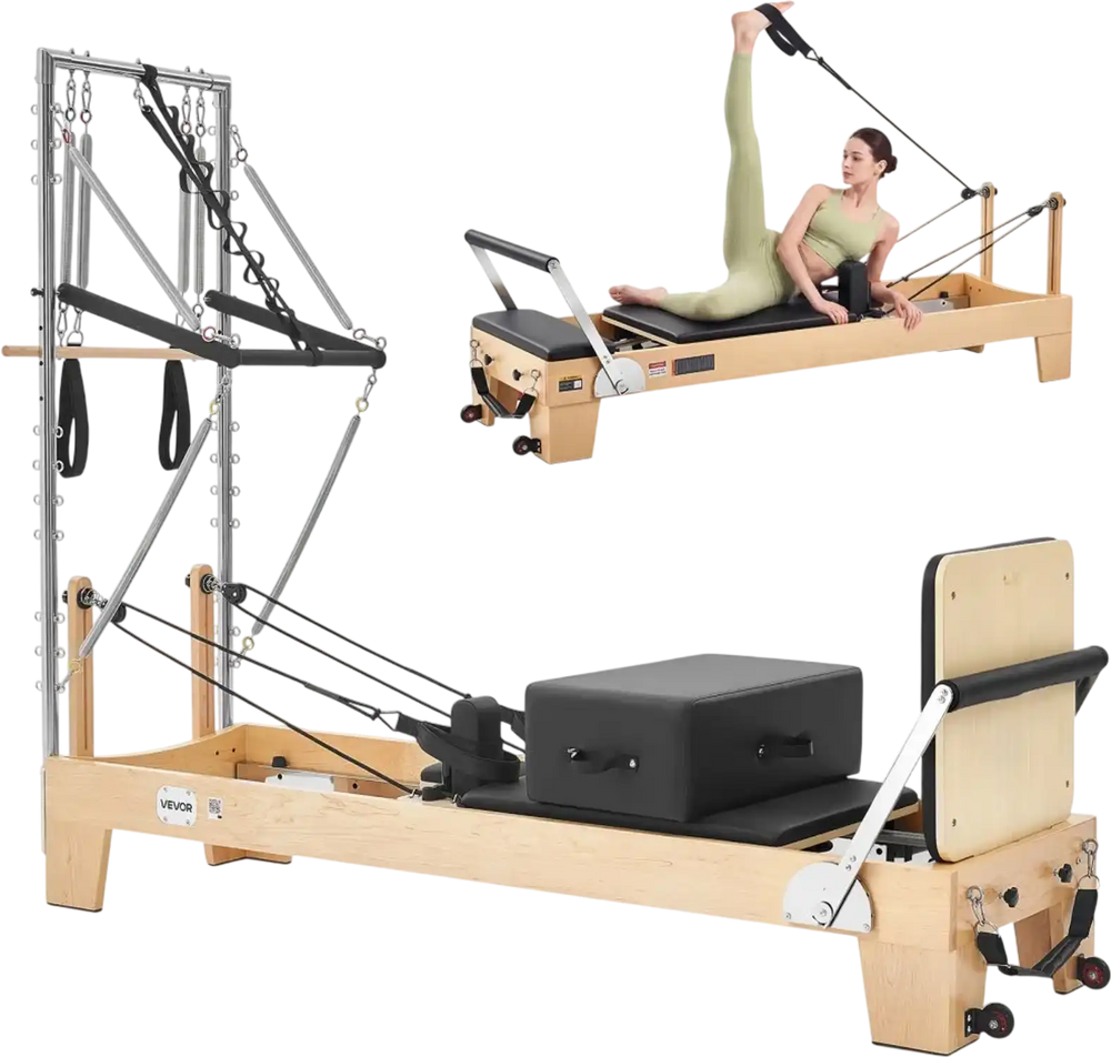 VEVOR Pilates Reformer with Tower 94" Pilates Machine 400 lbs Maple Wood, for Home Use and Gym Workout, with Jump Board, Music Wire Springs, and Sitting Box, Suitable for Advanced and Beginners Users
