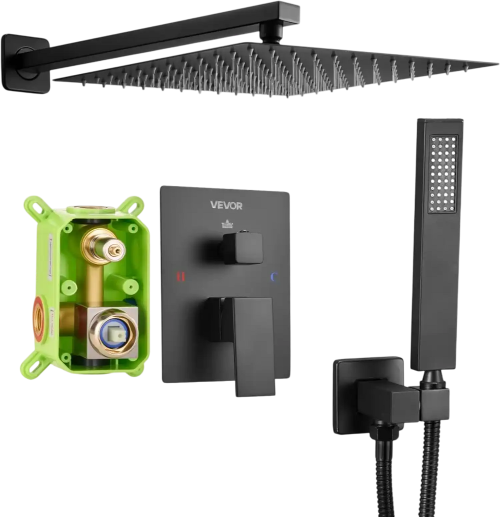VEVOR Shower Faucet Set, Rainfall Bathroom Shower System with 12-Inch Square Rain Shower Head and Handheld Spray, Wall Mounted Bath Fixtures with Brass Valve and Trim Kit, Matte Black