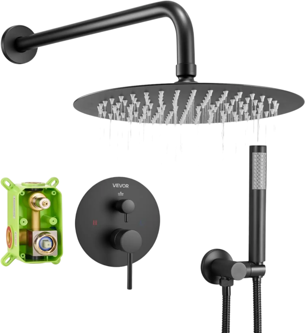 VEVOR Shower Faucet Set, Rainfall Bathroom Shower System with 10-Inch Round Rain Shower Head and Handheld Spray, Wall Mounted Bath Fixtures with Brass Valve and Trim Kit, Matte Black