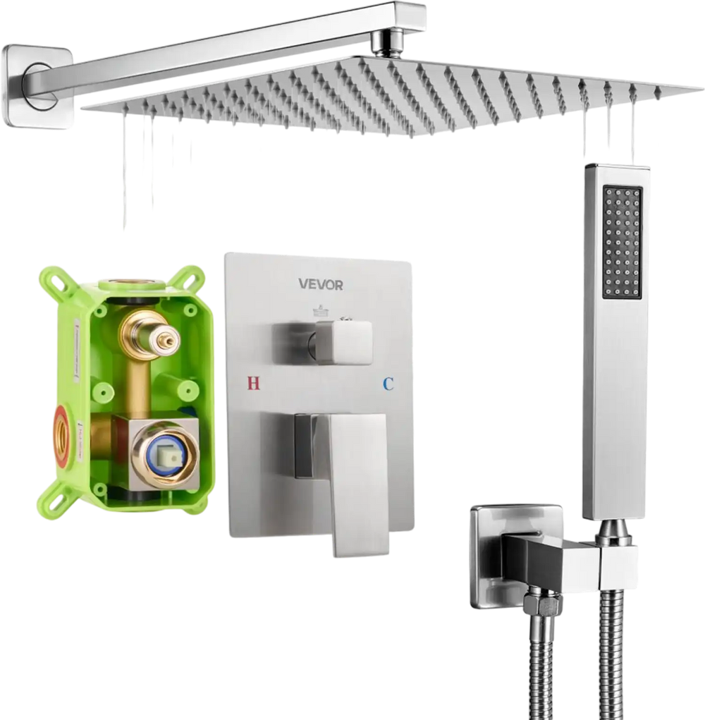 VEVOR Shower Faucet Set, Rainfall Bathroom Shower System with 12-Inch Square Rain Shower Head and Handheld Spray, Wall Mounted Bath Fixtures with Brass Valve and Trim Kit, Brushed Nickel
