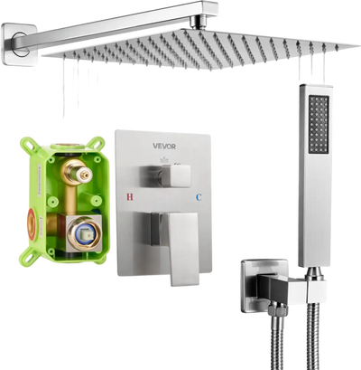 VEVOR Shower Faucet Set, Rainfall Bathroom Shower System with 12-Inch Square Rain Shower Head and Handheld Spray, Wall Mounted Bath Fixtures with Brass Valve and Trim Kit, Brushed Nickel