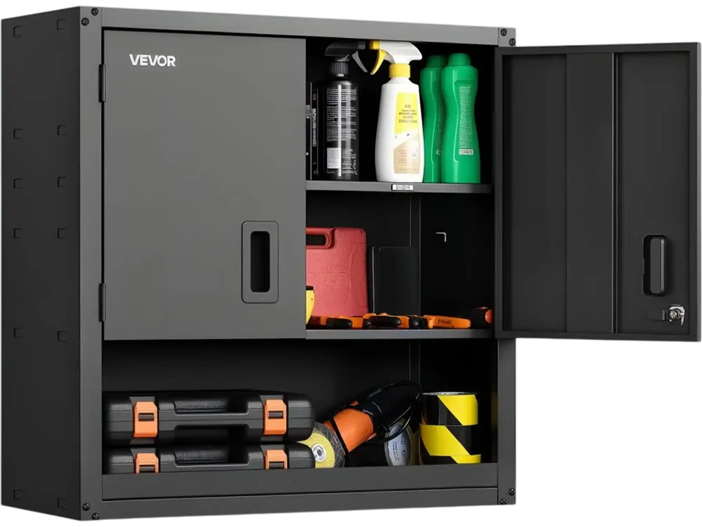 VEVOR Metal Wall Cabinet, 30W x 12.01D x 30H Inch, Steel Floating Hanging Storage Cabinet with Locking Doors and Adjustable Shelf for Garage, Basement, Kitchen, Warehouse Assembly Required, Black
