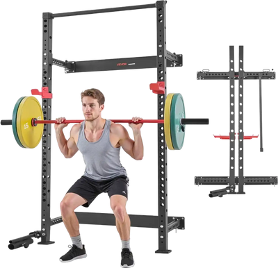 VEVOR Folding Power Cage, Wall-Mounted Power Rack Squat Rack, Multifunctional Strength Training Workout Equipment with Landmine Holder, Adjustable J-Hooks & Pull-Up Bar for Home Gym, 1000LBS Capacity