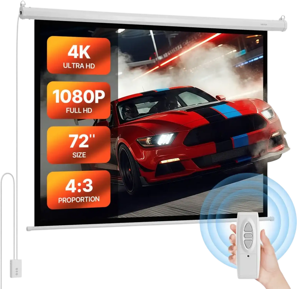 VEVOR Motorized Projector Screen, 72 inch 4:3 1080 HD Electric Projection Screen, Wall Mounted Projection Dispaly Projector with Remote Control, Automatic Movie Screen for Family Home Office Theater