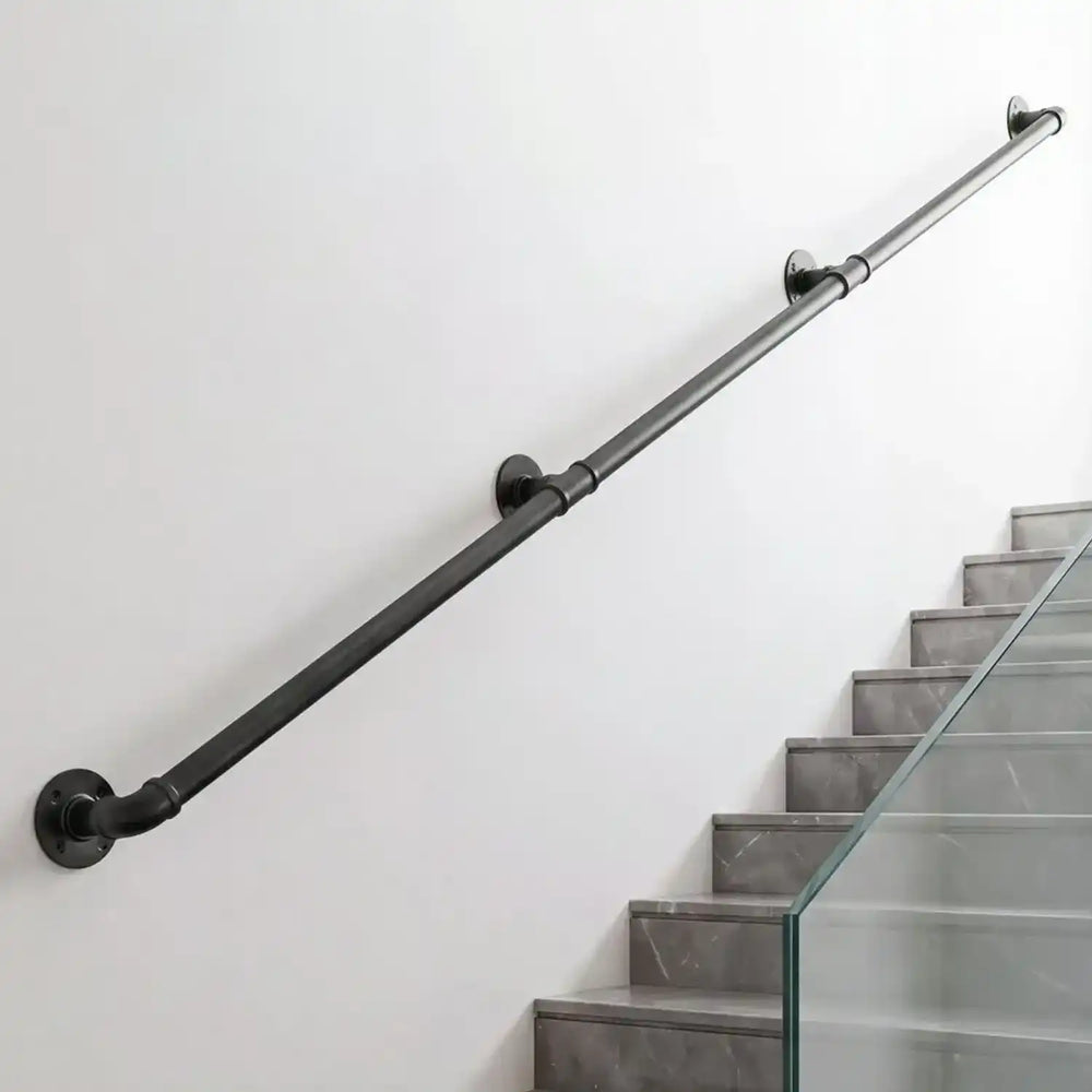 VEVOR Wall-Mounted Stair Handrail, 8 ft 440 lbs Load Black Metal Railing, for Indoor Steps, Loft, Porch & Hallways, Heavy-Duty Industrial Carbon Steel Hand Rail, Round Tube, with Mounting Hardware