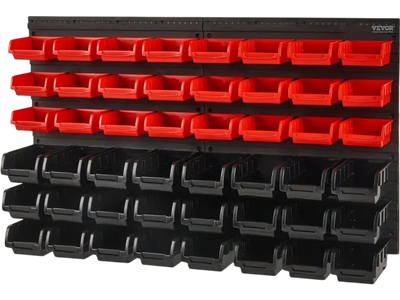 VEVOR Wall Mounted Storage Bins, 48-Bin Parts Rack Organizer Garage Plastic Shop Tool with Wall Panels, Tool Organizer for Nuts, Bolts, Screws, Nails, Beads, Buttons, Other Small Parts, Black and Red