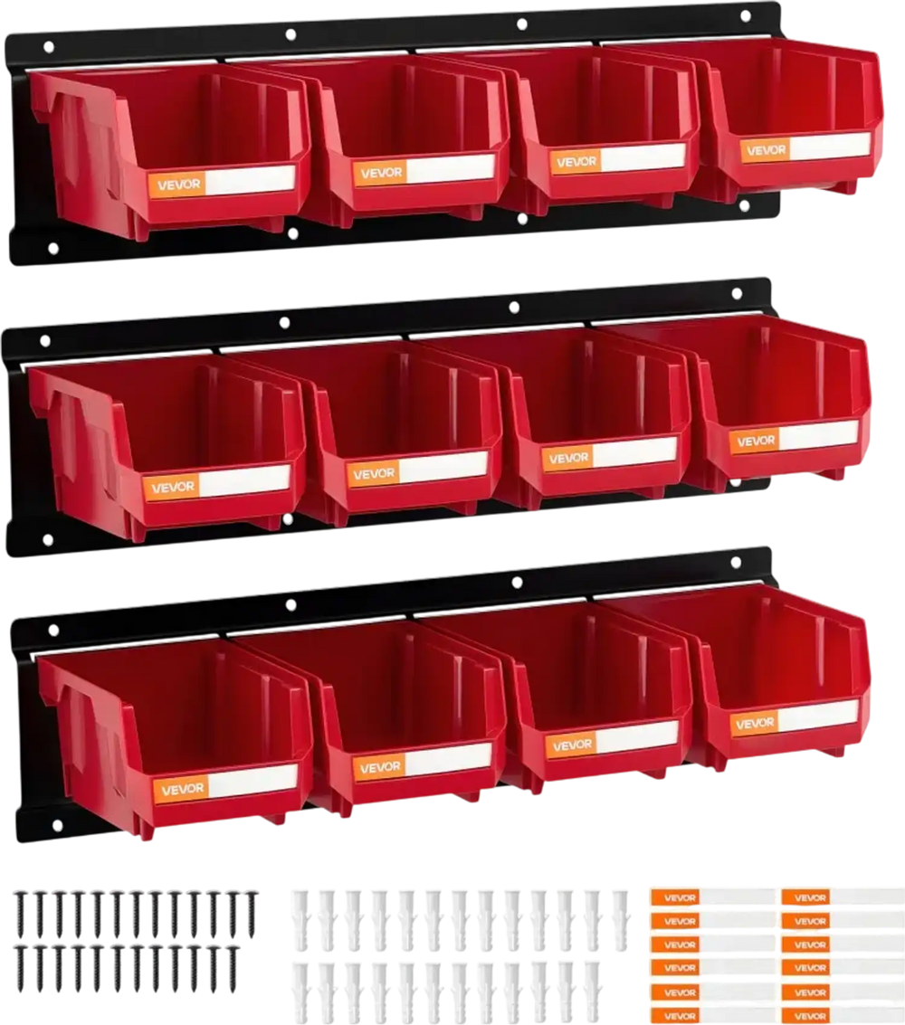 VEVOR Wall Mounted Storage Bins, 12 Plastic Bins & 3 Metal Rails, Plastic Hanging Stackable Storage Bin for Screws, Nuts, Bolts, Nails, Hardware Tool Organizer for Workshop, Craft Room, Garage, Red