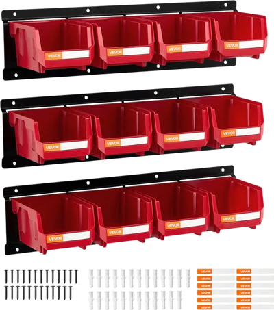Vevor Storage Bins Wall-Mounted Stackable Organizer 12-Pc Red New