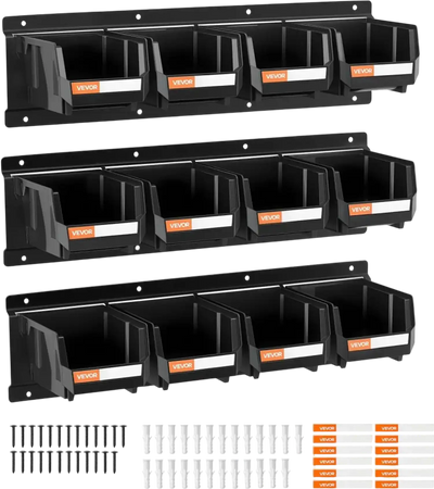 VEVOR Wall Mounted Storage Bins, 12 Plastic Bins & 3 Metal Rails, Plastic Hanging Stackable Storage Bin for Screws, Nuts, Bolts, Nails, Hardware Tool Organizer for Workshop, Craft Room, Garage, Black