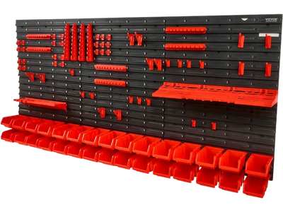 VEVOR Wall Mounted Storage Bins, 30-Bin Parts Rack Organizer Garage Plastic Shop Tool with Wall Panels/Tool Holders/Hooks, Tool Organizer for Nuts, Bolts, Screws, Nails, Beads, Buttons, Black and Red