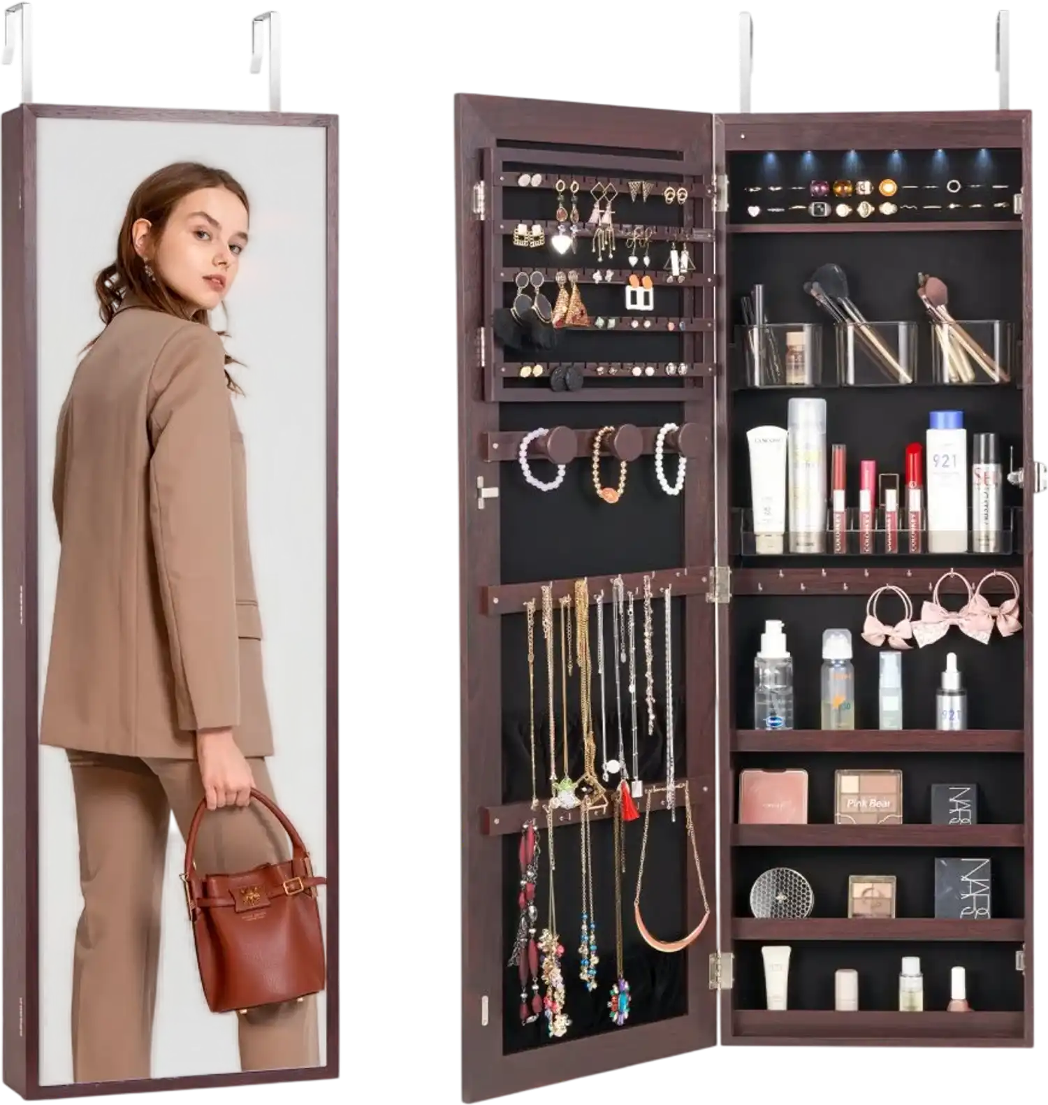 Vevor Jewelry Cabinet Full-Length Mirror Wall or Door Mounted Brown New