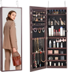 VEVOR Mirror Jewelry Cabinet, 42.52-Inch Tall Lockable Jewelry Cabinet Armoire with Full-Length Mirror, Wall or Door Mounted Jewelry Mirror Organizer with LED Interior Lights and Velvet Lining, Brown