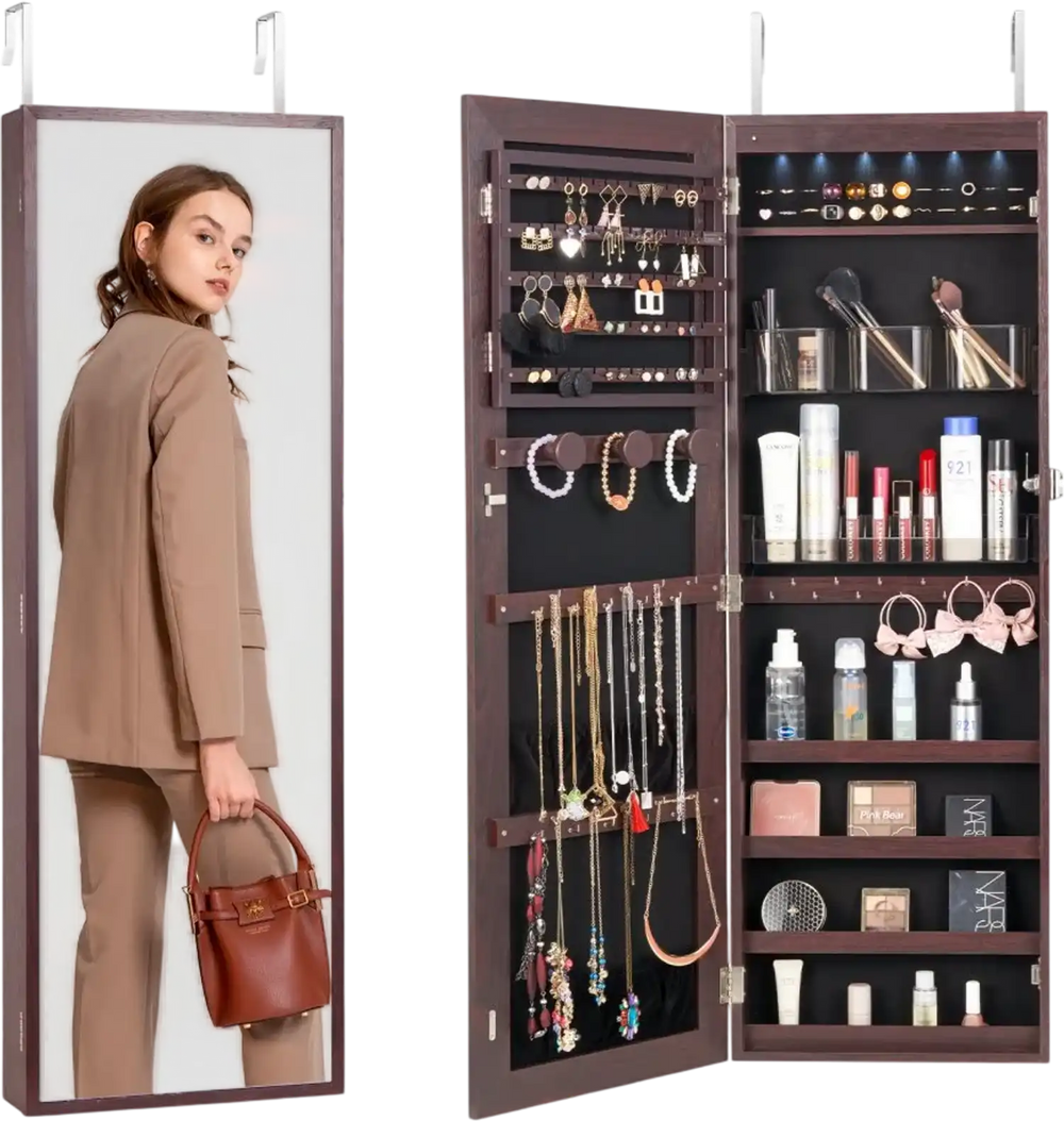 VEVOR Mirror Jewelry Cabinet, 42.52-Inch Tall Lockable Jewelry Cabinet Armoire with Full-Length Mirror, Wall or Door Mounted Jewelry Mirror Organizer with LED Interior Lights and Velvet Lining, Brown