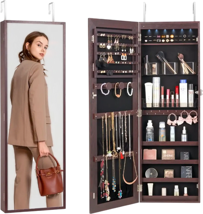 Vevor Jewelry Cabinet Full-Length Mirror Wall or Door Mounted Brown New