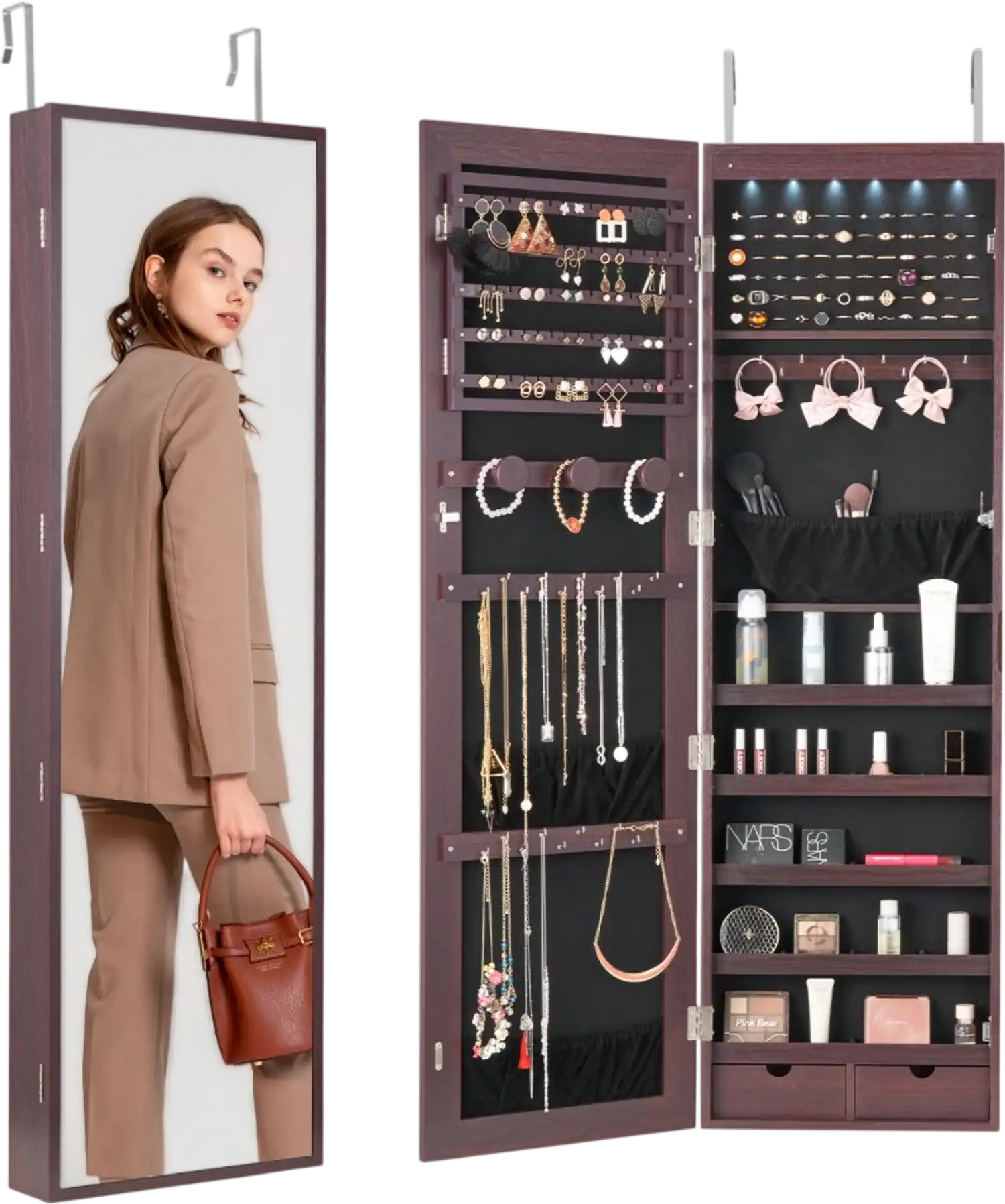 Vevor Jewelry Cabinet Mirror Armoire with Full-Length Mirror LED Lights Brown New