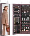 VEVOR Mirror Jewelry Cabinet, 47.05-Inch Tall Lockable Jewelry Cabinet Armoire with Full-Length Mirror, Wall or Door Mounted Jewelry Mirror Organizer with LED Interior Lights and Velvet Lining, Brown