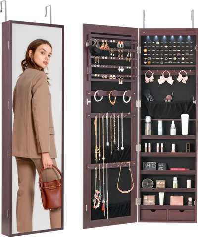 Vevor Jewelry Cabinet Mirror Armoire with Full-Length Mirror LED Lights Brown New