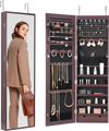 VEVOR Mirror Jewelry Cabinet, 47.05-Inch Tall Lockable Jewelry Cabinet Armoire with Full-Length Mirror, Wall or Door Mounted Jewelry Mirror Organizer with LED Interior Lights and Velvet Lining, Brown