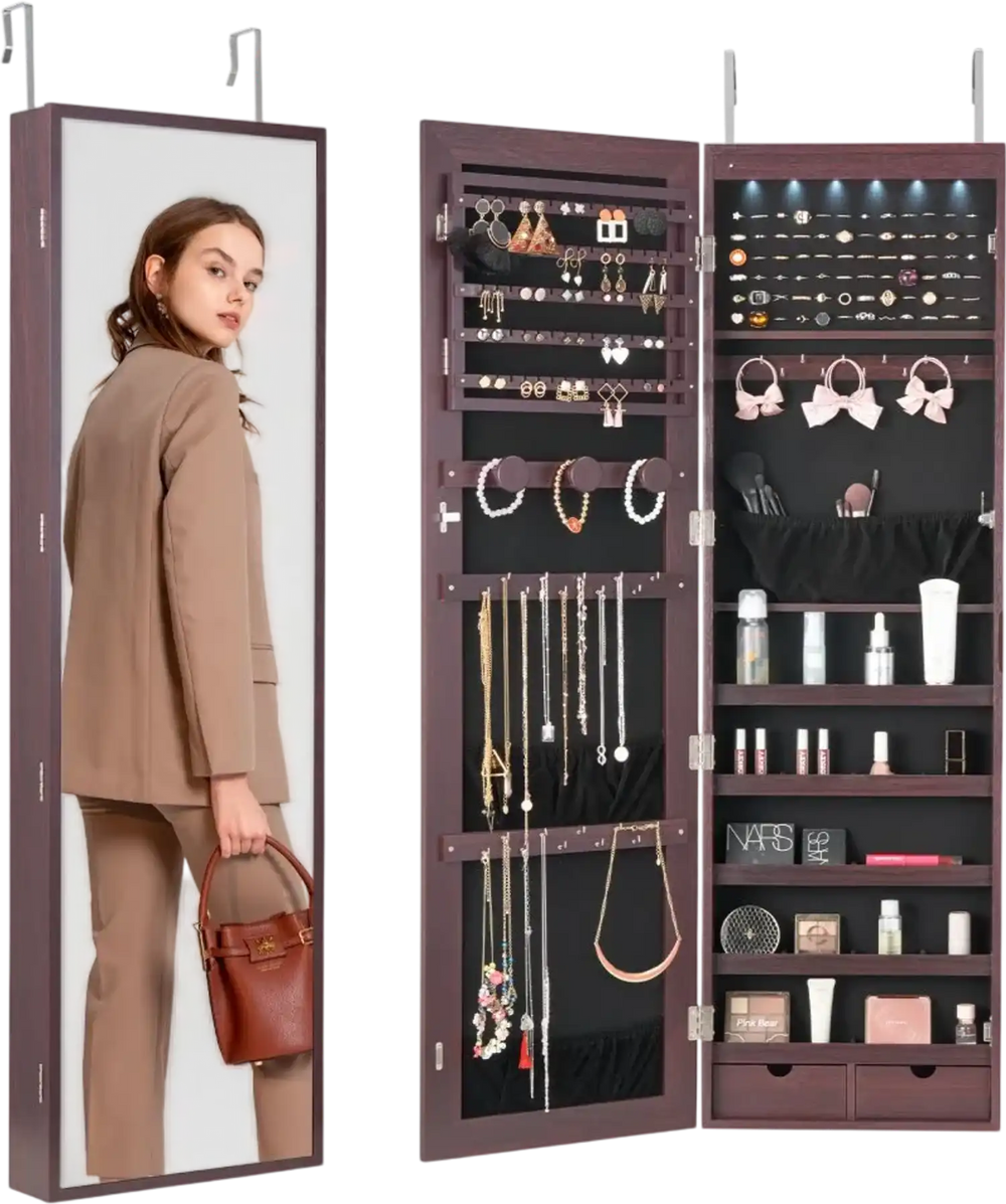 VEVOR Mirror Jewelry Cabinet, 47.05-Inch Tall Lockable Jewelry Cabinet Armoire with Full-Length Mirror, Wall or Door Mounted Jewelry Mirror Organizer with LED Interior Lights and Velvet Lining, Brown