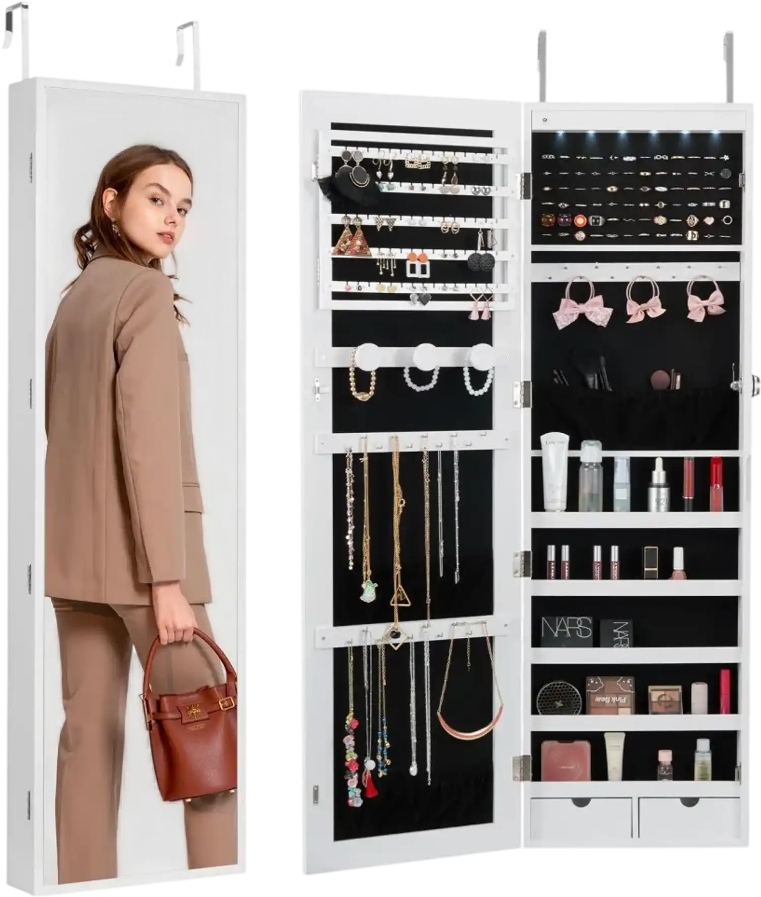 Vevor Jewelry Cabinet Full-Length Mirror Wall or Door Mounted Lockable Armoire White New