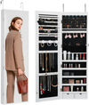 VEVOR Mirror Jewelry Cabinet, 47.05-Inch Tall Lockable Jewelry Cabinet Armoire with Full-Length Mirror, Wall or Door Mounted Jewelry Mirror Organizer with LED Interior Lights and Velvet Lining, White