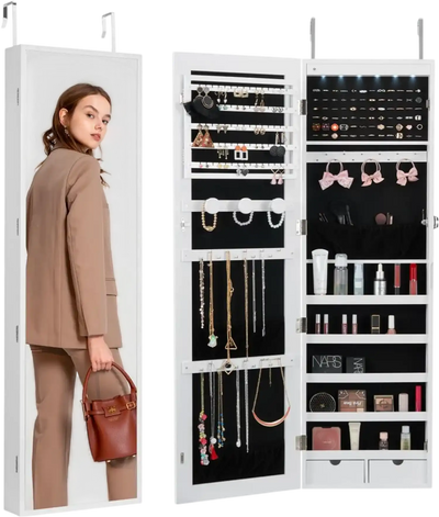 Vevor Jewelry Cabinet Full-Length Mirror Wall or Door Mounted Lockable Armoire White New