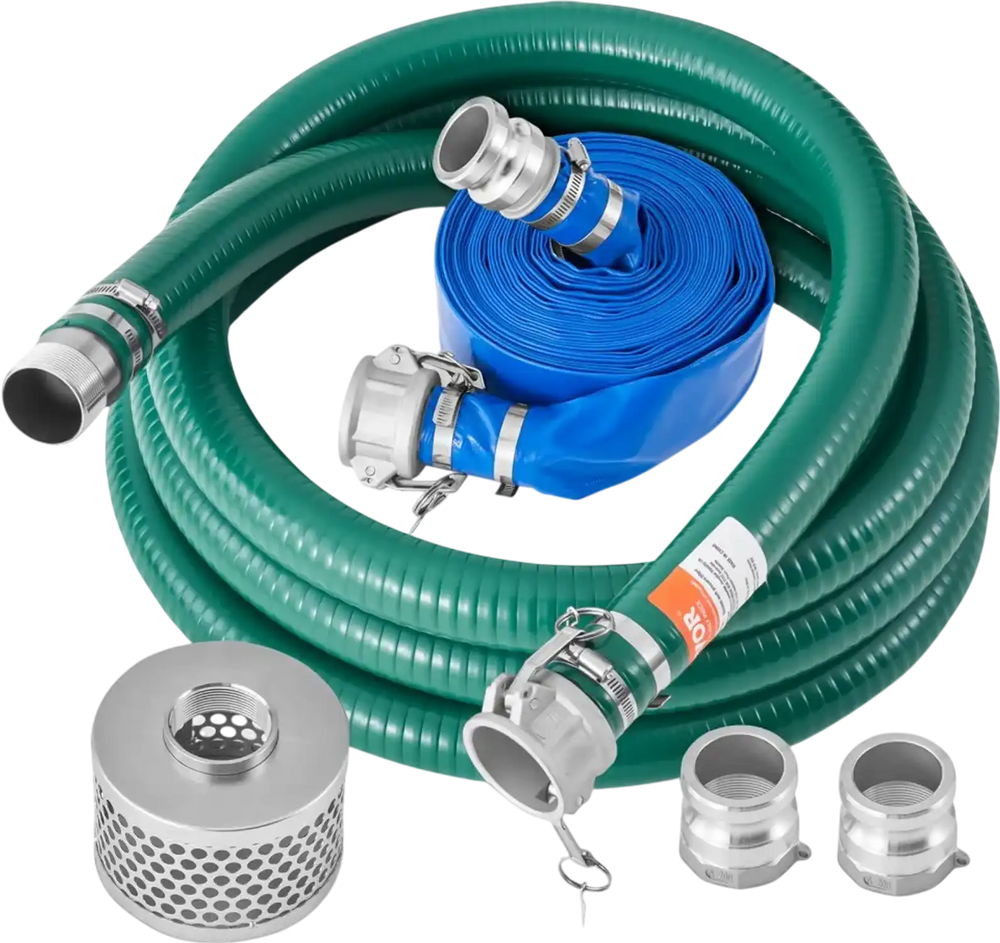 VEVOR Suction Hose Kit for Water Pump, with 2 in x 65 ft Blue Backwash Hose, 20 ft Green Suction Hose, and Steel Round Hole Strainer, Camlocks, Clamps, Cam & Groove Adapter, for Multiple Purposes