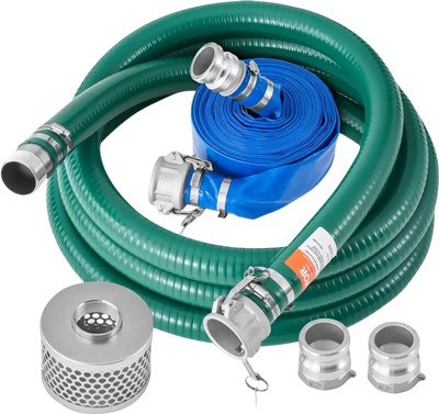 VEVOR Suction Hose Kit for Water Pump, with 2 in x 65 ft Blue Backwash Hose, 20 ft Green Suction Hose, and Steel Round Hole Strainer, Camlocks, Clamps, Cam & Groove Adapter, for Multiple Purposes