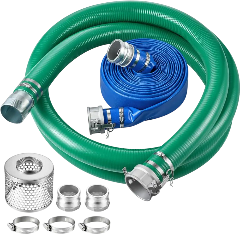 VEVOR 3" Suction Hose Kit 65' Blue PVC Backwash 20' Green Suction Hose, for Swimming Pools Water Pumps, Ready-to-Use Setup, with Round-Hole Strainer, Cam & Groove Adapter, Stainless Steel Clamp
