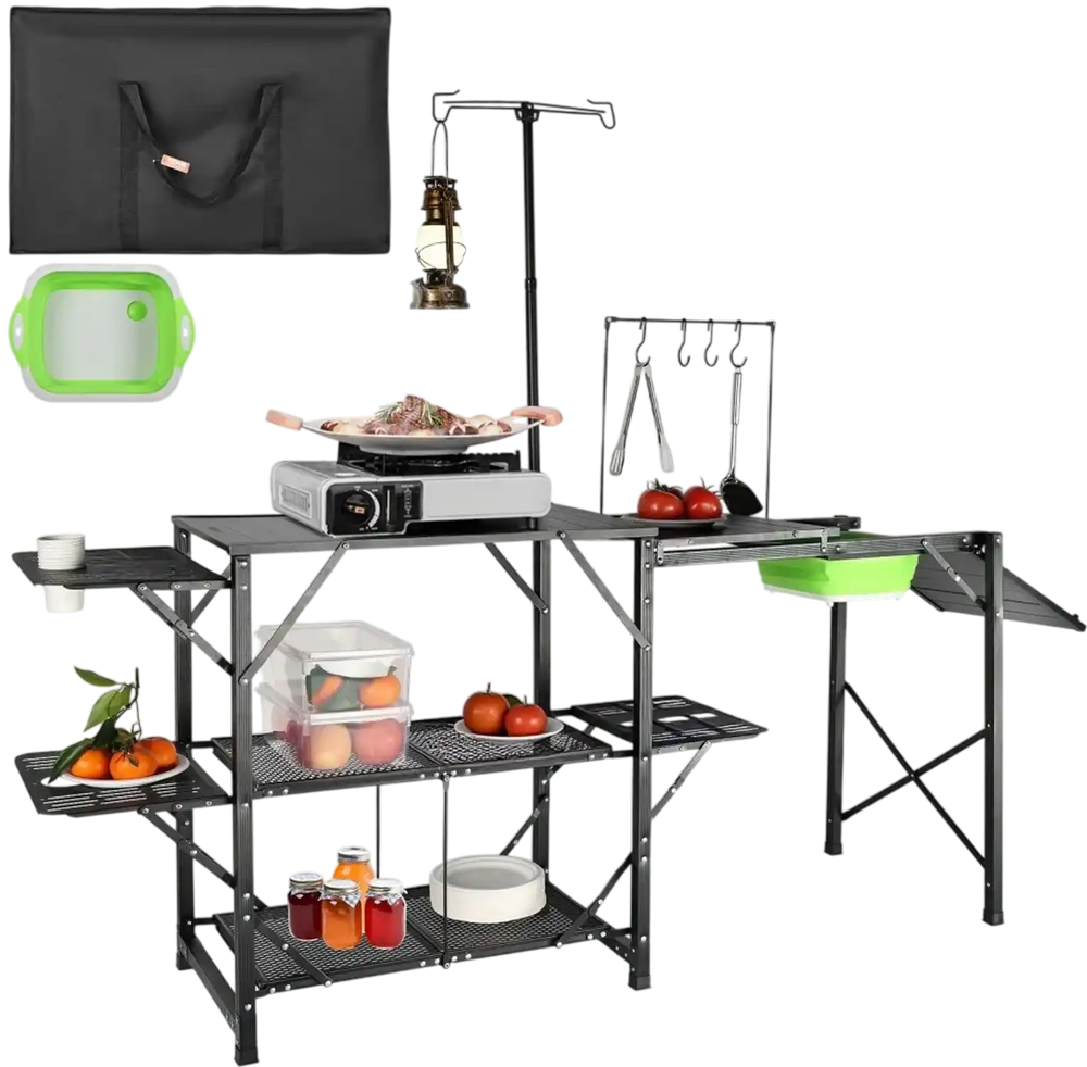 VEVOR Camping Kitchen Table, One-piece Folding Portable Cook Station with A Carrying Bag, Long Aluminum Camping Table 3 Side Tables, 2 Shelves & A Detachable Sink for Outdoor Picnics, BBQs, Camping