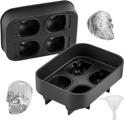 VEVOR Skull Ice Cube Tray, 4-Grid Skull Ice Ball Maker, Flexible Black Silicone Ice Tray with Lid & Funnel, Funny Skull Ice Cubes 1.6