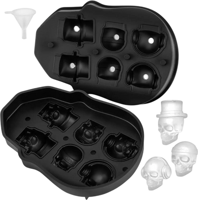VEVOR Skull Ice Cube Tray, 6-Grid Skull Ice Ball Maker, Flexible Black Silicone Ice Tray with Lid & Funnel, Skull Ice Cubes in 3 Distinct Patterns for Beverages & Chocolates on Parties & Holidays